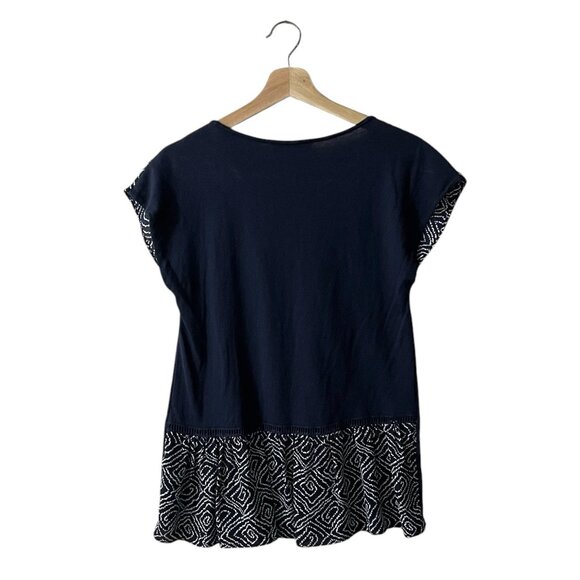 LOFT Blouse Size Small Navy Blue Mixed Media Print Silk Blend Skirted Hem 70288 - Picture 2 of 9